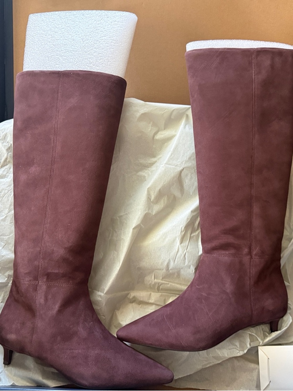 NWT. Women's Knee-High Suede Pointed-Toe Boots in dark brown suede by Cole Haan